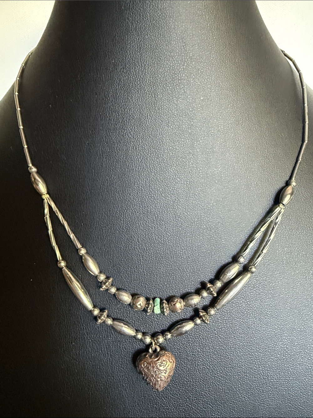 Vintage-Style Silver Heart Pendant Double Strand Necklace - Silver